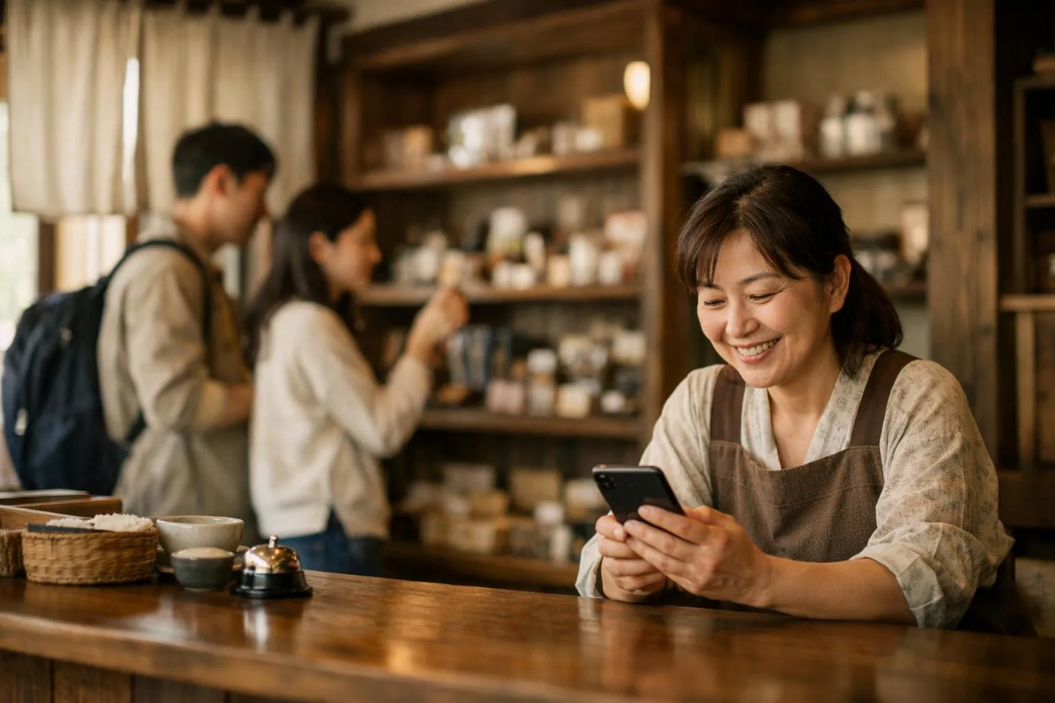 スマートフォンを使う日本の店舗スタッフと店内を見る韓国人観光客