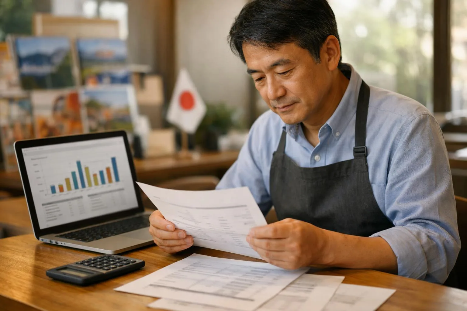 日本の店舗経営者がインバウンド対策の予算資料を確認している様子