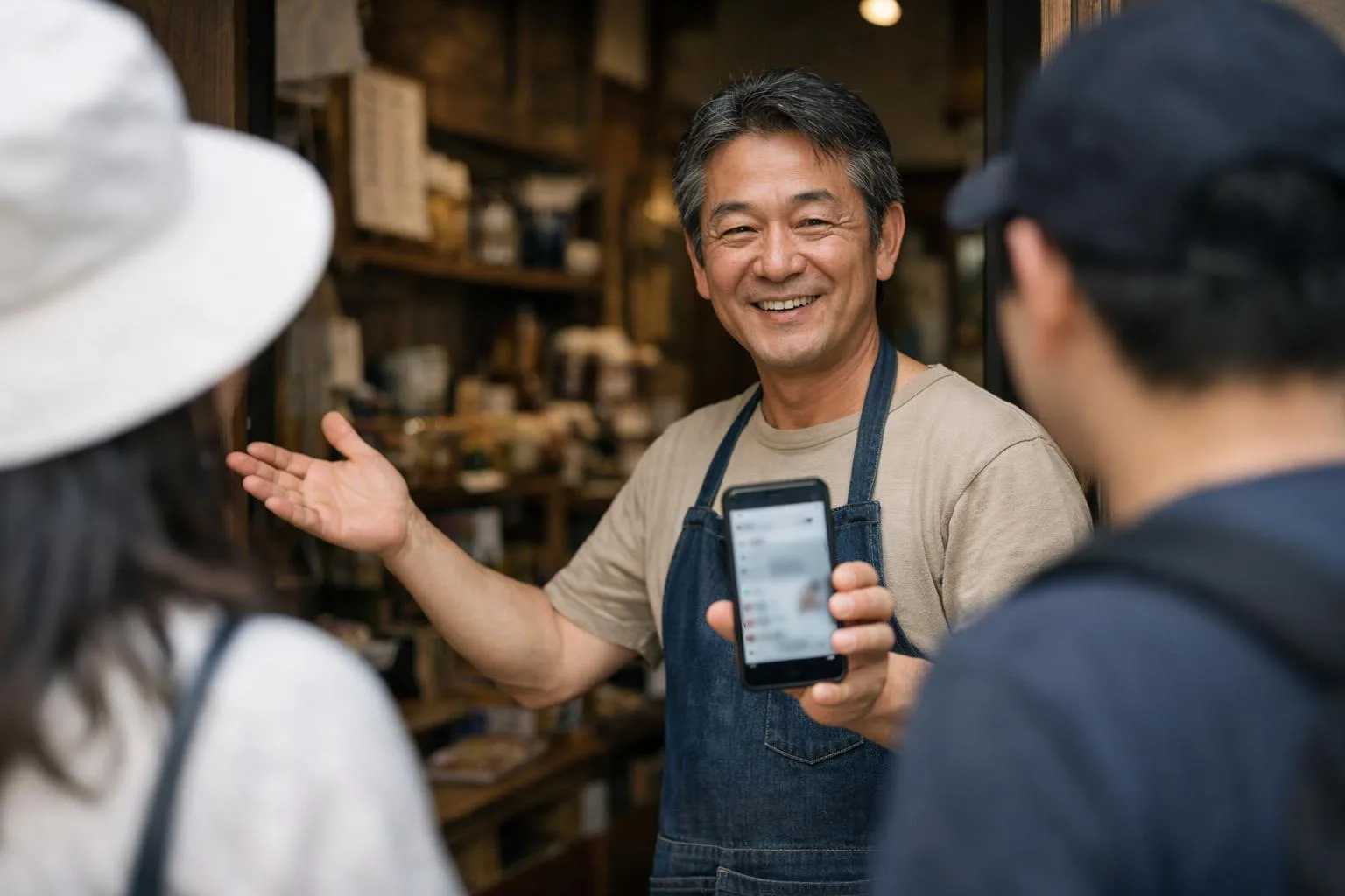 日本の店舗スタッフがスマートフォンを手に韓国人観光客を迎えている様子
