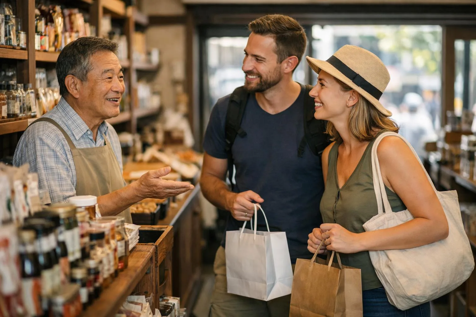 日本の小売店で訪日外国人観光客を笑顔で迎える店員