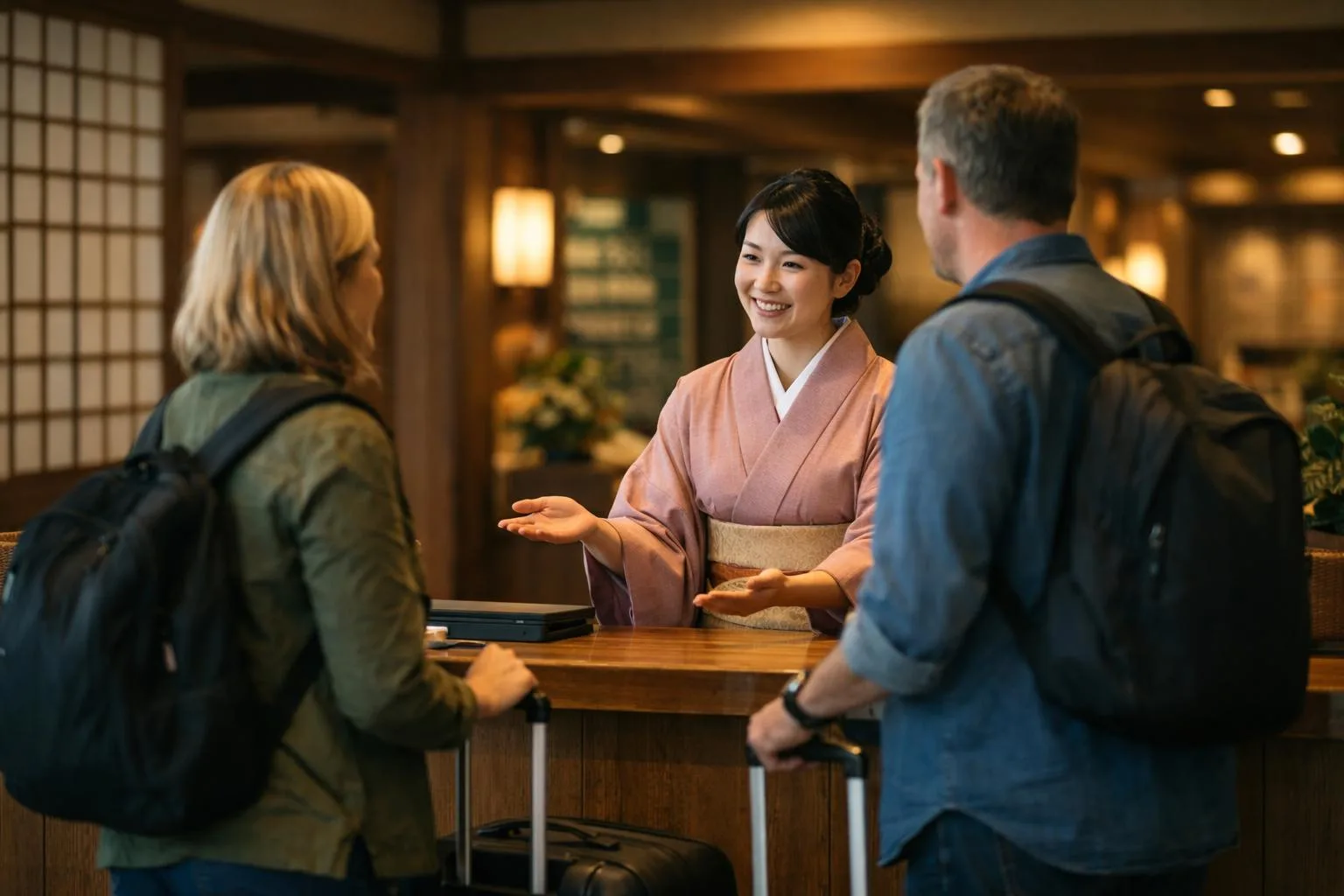旅館スタッフが外国人観光客を出迎えている様子