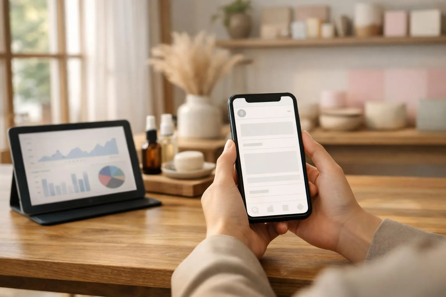 日本の店舗でスマートフォンのSNS画面を操作するマーケティング担当者の手元