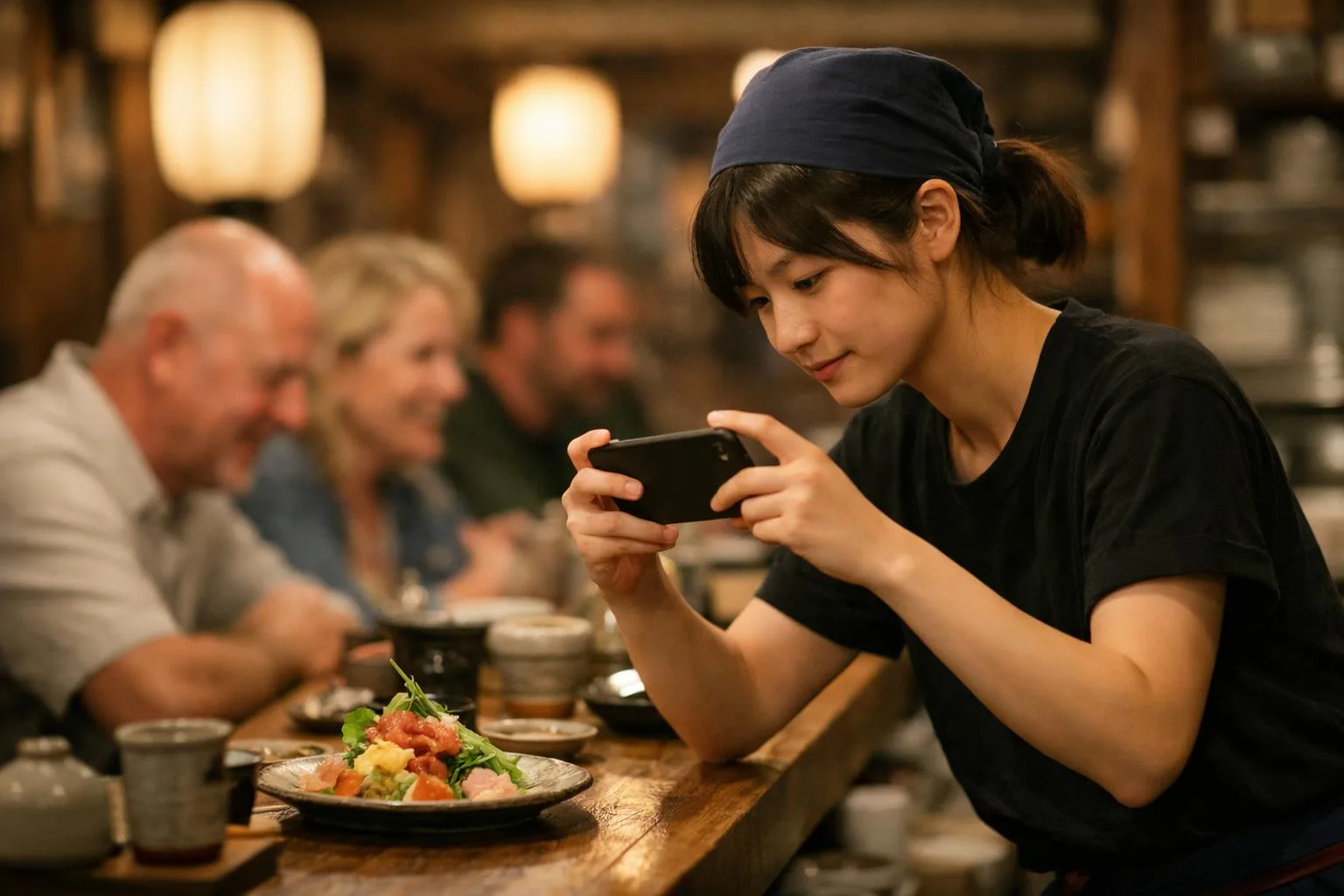 飲食店スタッフがスマートフォンで料理を撮影している様子