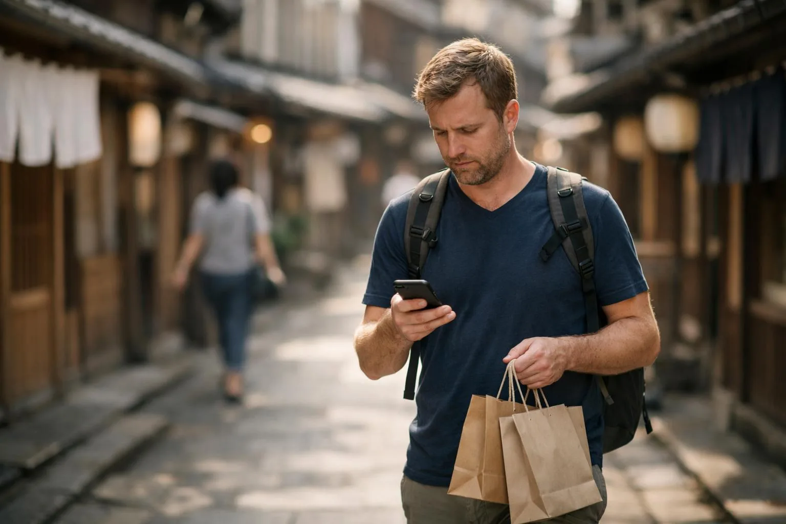 スマートフォンで店を探しながら商店街を歩く訪日外国人観光客
